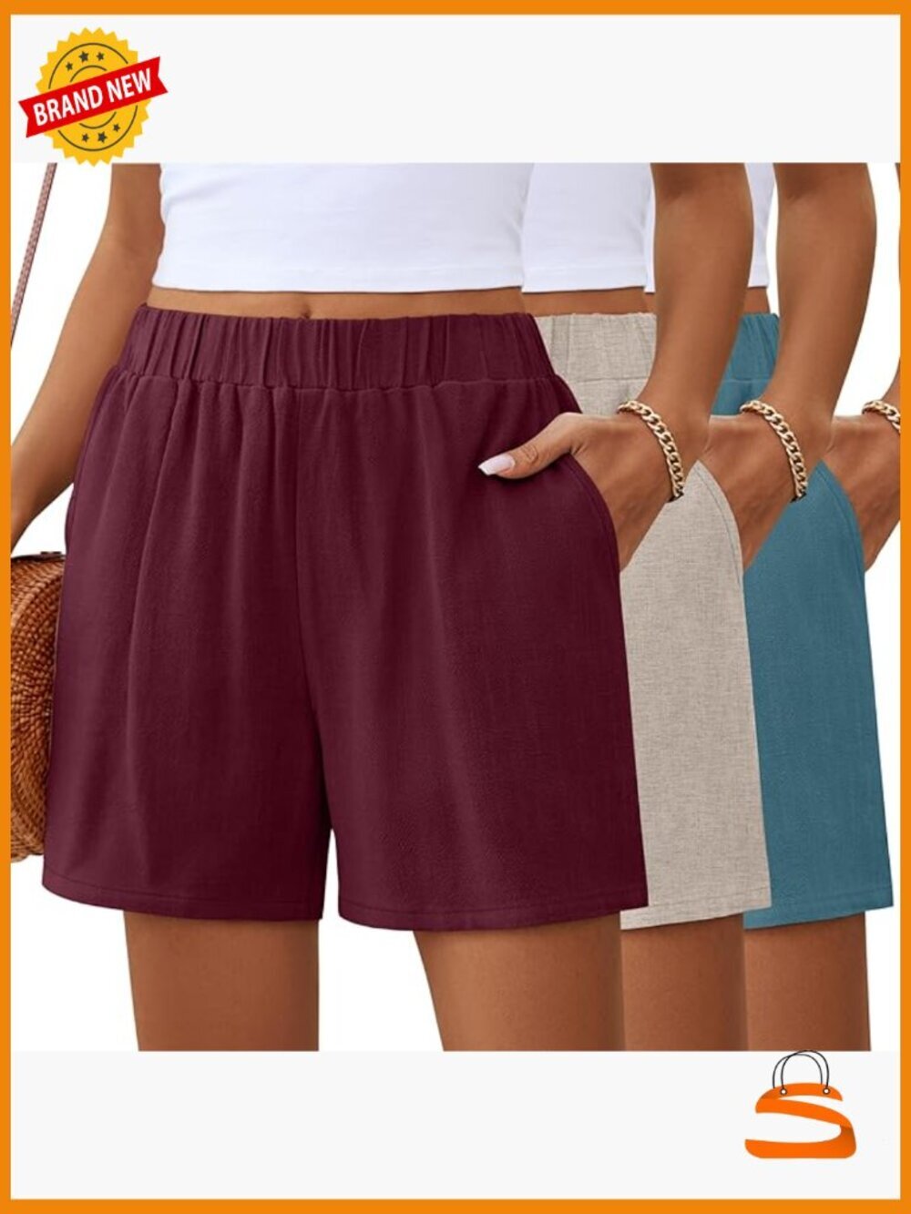 3 Pack High Waist Wide Leg Linen Shorts with Pockets